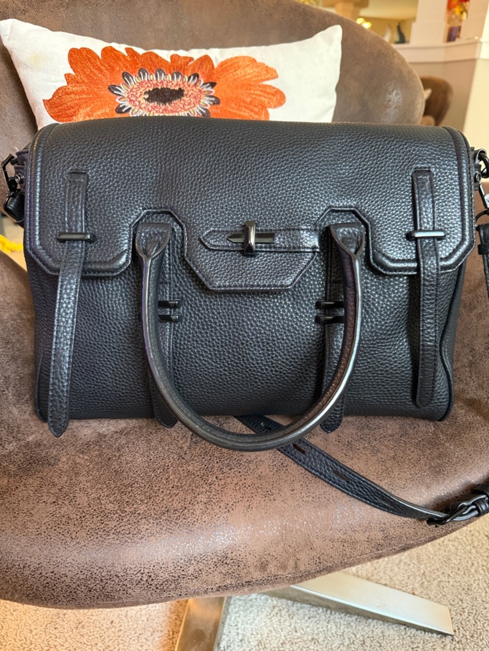 REBECCA MINKOFF SATCHEL BAG  JULES BLK ON BLK LEATHER & HARDWARE w/STRAP EUC - Picture 11 of 17